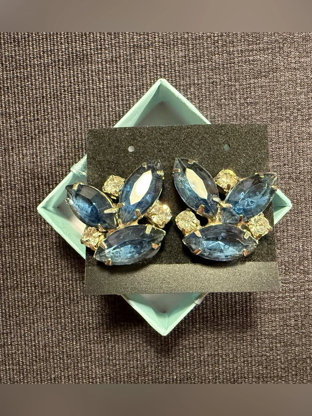 Vintage Blue and Clear Rhinestone Clip Earring